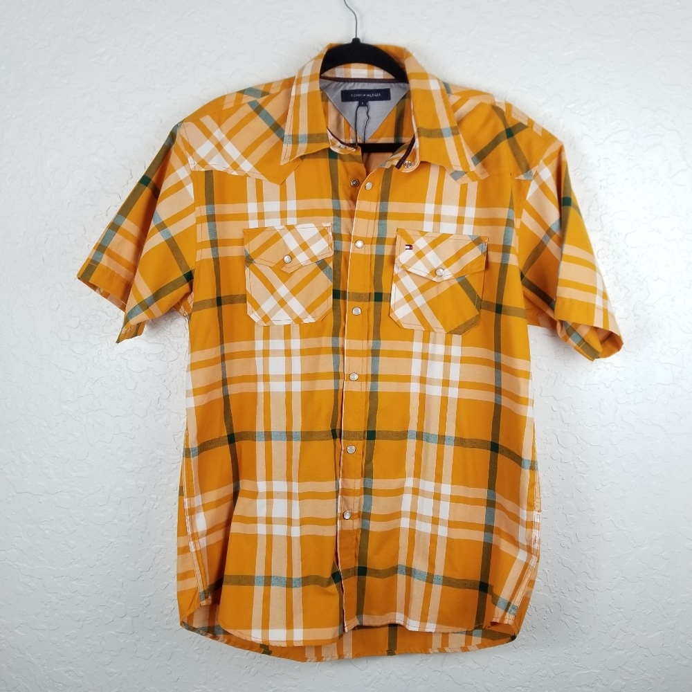 Tommy Hilfiger Orange Plaid Snap Button Up Short Sleeve Size L New without tags